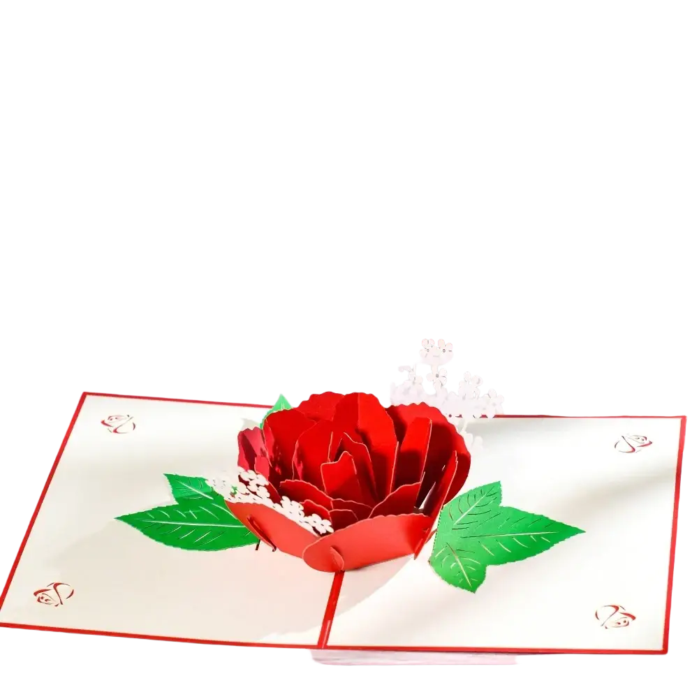 A vibrant red 3d pop up valentine card featuring layered paper rose petals and green leaves for romantic greetings