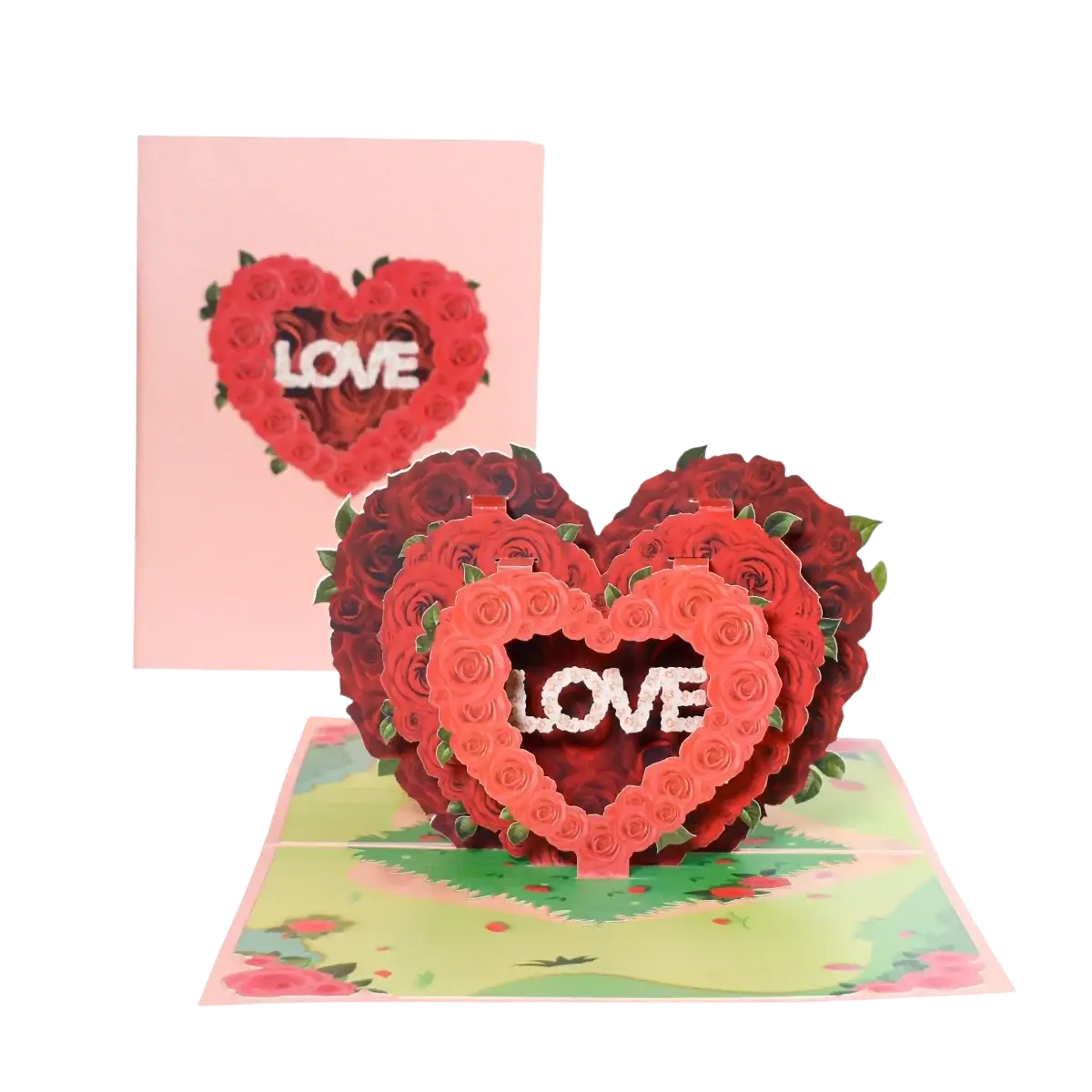 A vibrant red 3d pop up valentine card with heart-shaped roses and white love lettering for romantic couples