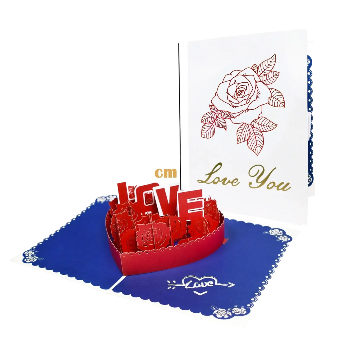 Vibrant red 3d pop up valentine card with intricate rose cutouts and love lettering on royal blue scalloped base