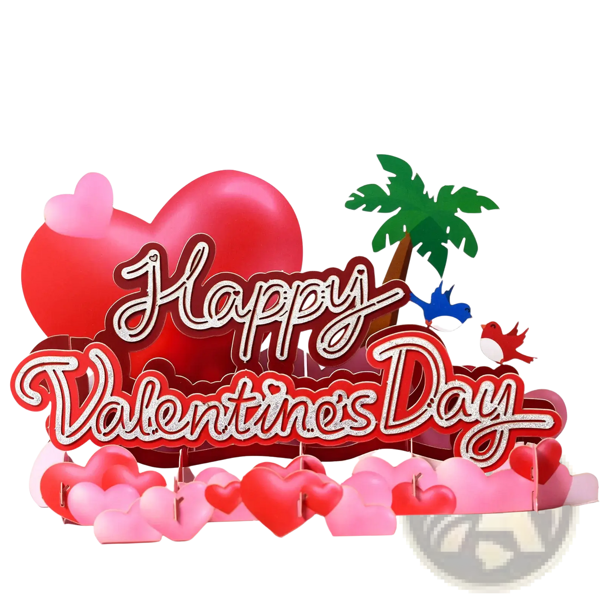 A vibrant red and pink 3d pop up valentine card with glittery cursive lettering hearts palm tree and birds for couples