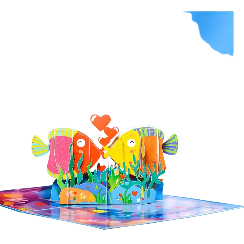 A vibrant 3d pop up valentine card featuring two cartoon fish kissing amid colorful coral and seaweed