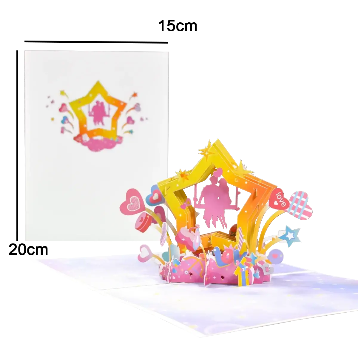 A vibrant 3d pop up valentine card with a yellow star frame pink dancing couple silhouettes and colorful heart decorations