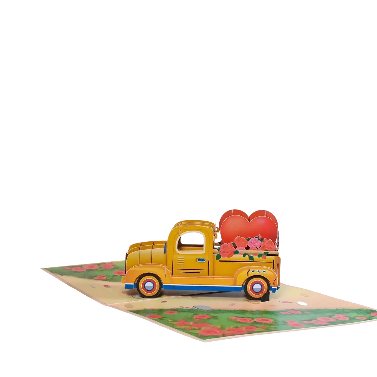 A vibrant yellow 3d pop up valentine card featuring a truck with a blue stripe carrying pink roses and red hearts
