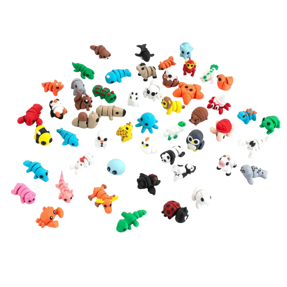 A collection of 24 colorful small plastic 3d printed animal figurine toys finished goods in various styles