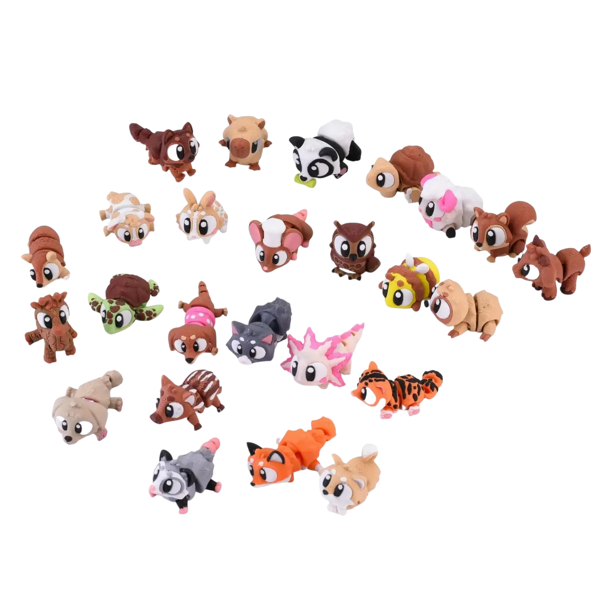 A collection of 50 assorted 3d printed animal figurine toys finished goods in various colors and designs including brown gray and pink