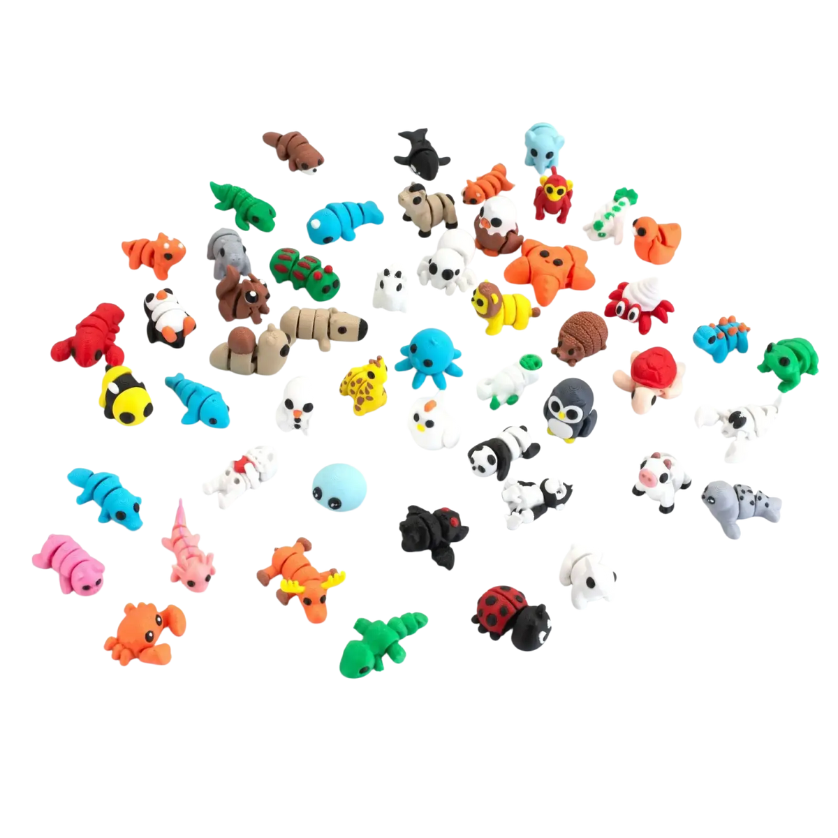 A collection of 52 colorful 3d printed animal figurine toys finished goods in various miniature styles
