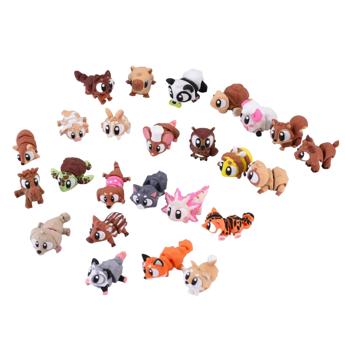 A collection of colorful 3d printed animal figurine toys made from plastic as finished goods