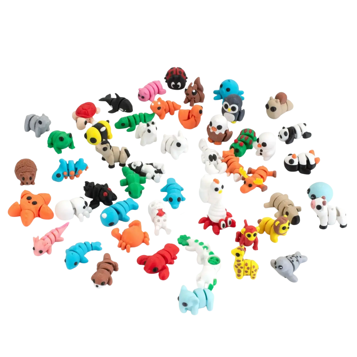 A collection of colorful miniature clay animal figurines as 3d printed finished goods toys