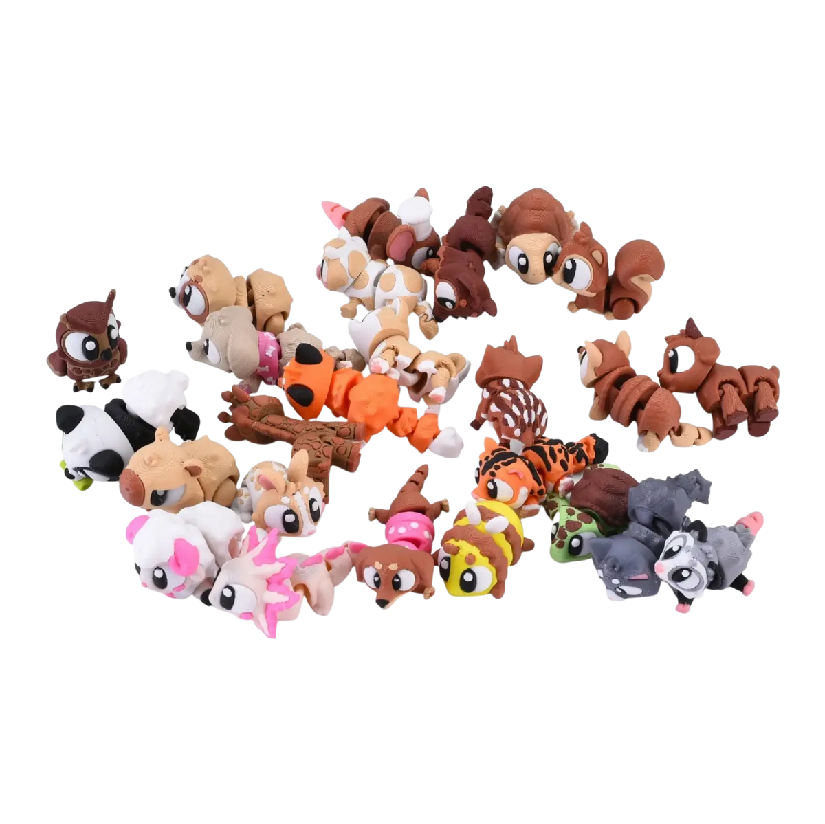 A collection of colorful 3d printed animal figurine toys with large eyes and soft textures as finished goods
