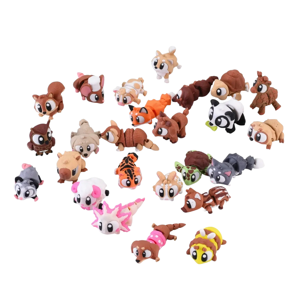 A collection of colorful 3d printed animal figurine toys made of plastic as finished goods for decoration