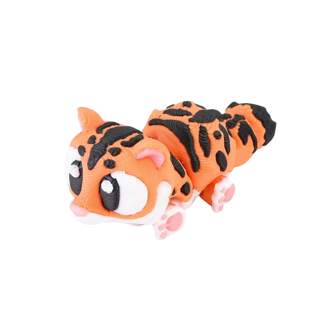 Orange and black striped tiger-shaped 3d printed animal figurine toy with pink accents finished goods