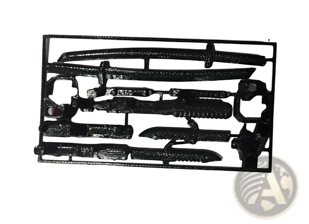 Black plastic model kit of miniature swords and blades in a tray for 3d printed articulated robot action figure dummy 2.0