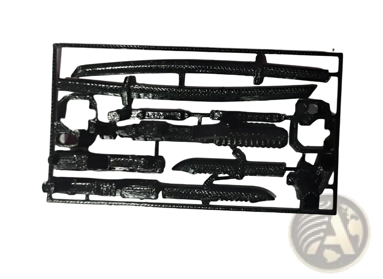 Black plastic model kit of miniature swords and blades in a tray for 3d printed articulated robot action figure dummy 2.0
