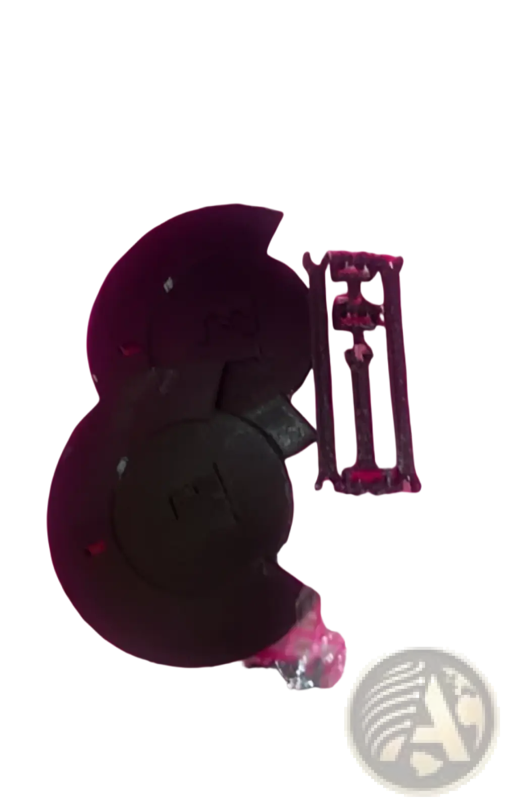 Black plastic toy car parts in pink basket for 3d printed articulated robot action figure dummy 2.0 assembly