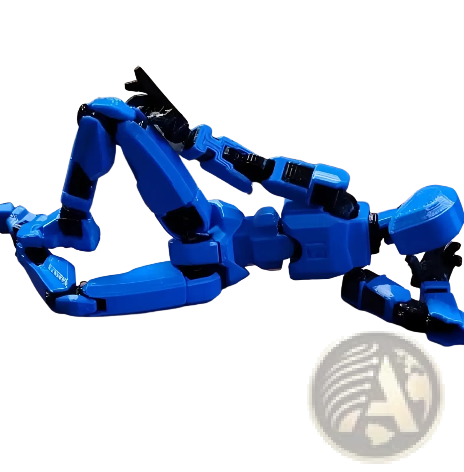 Blue and black 3d printed articulated robot action figure dummy 2.0 with segmented limbs and jointed design