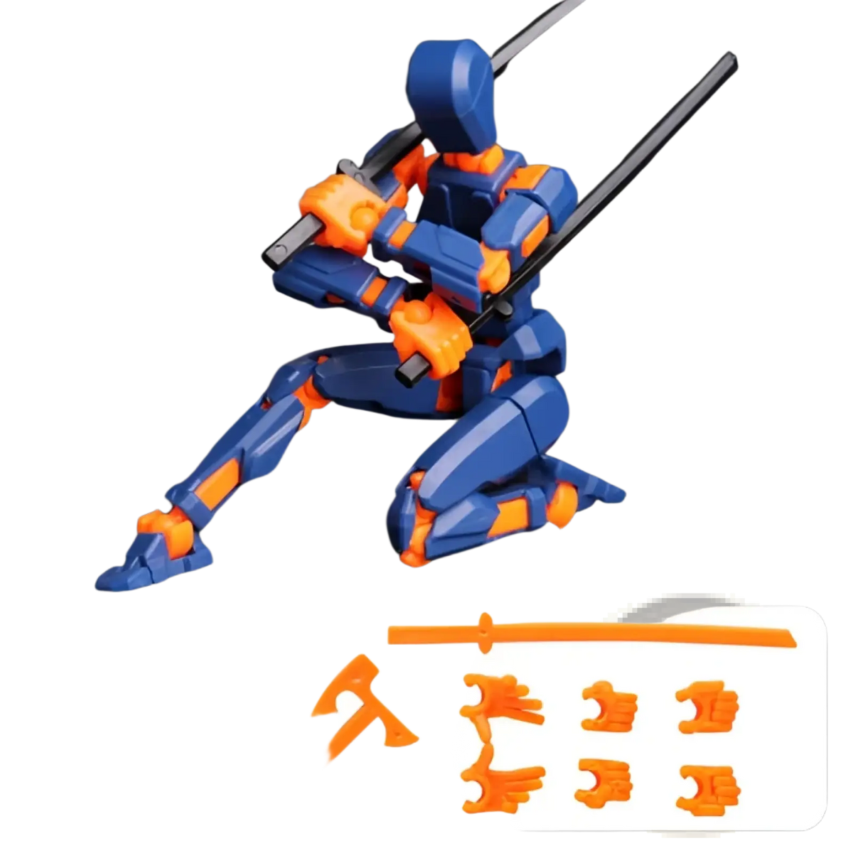 Blue and orange 3d printed articulated robot action figure dummy 2.0 holding two black swords in plastic