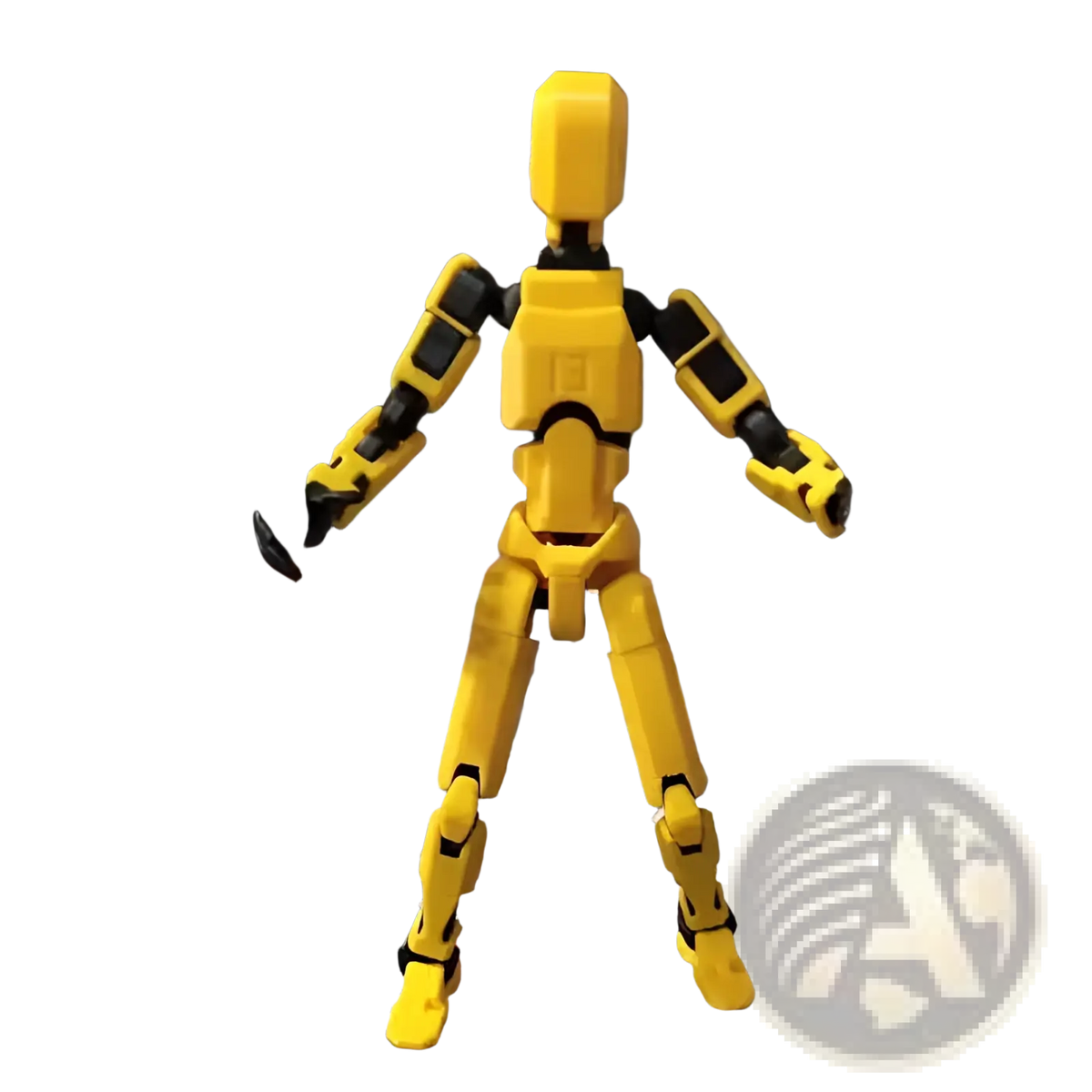 Yellow 3d printed articulated robot action figure dummy 2.0 with black joints and segmented limbs facing front