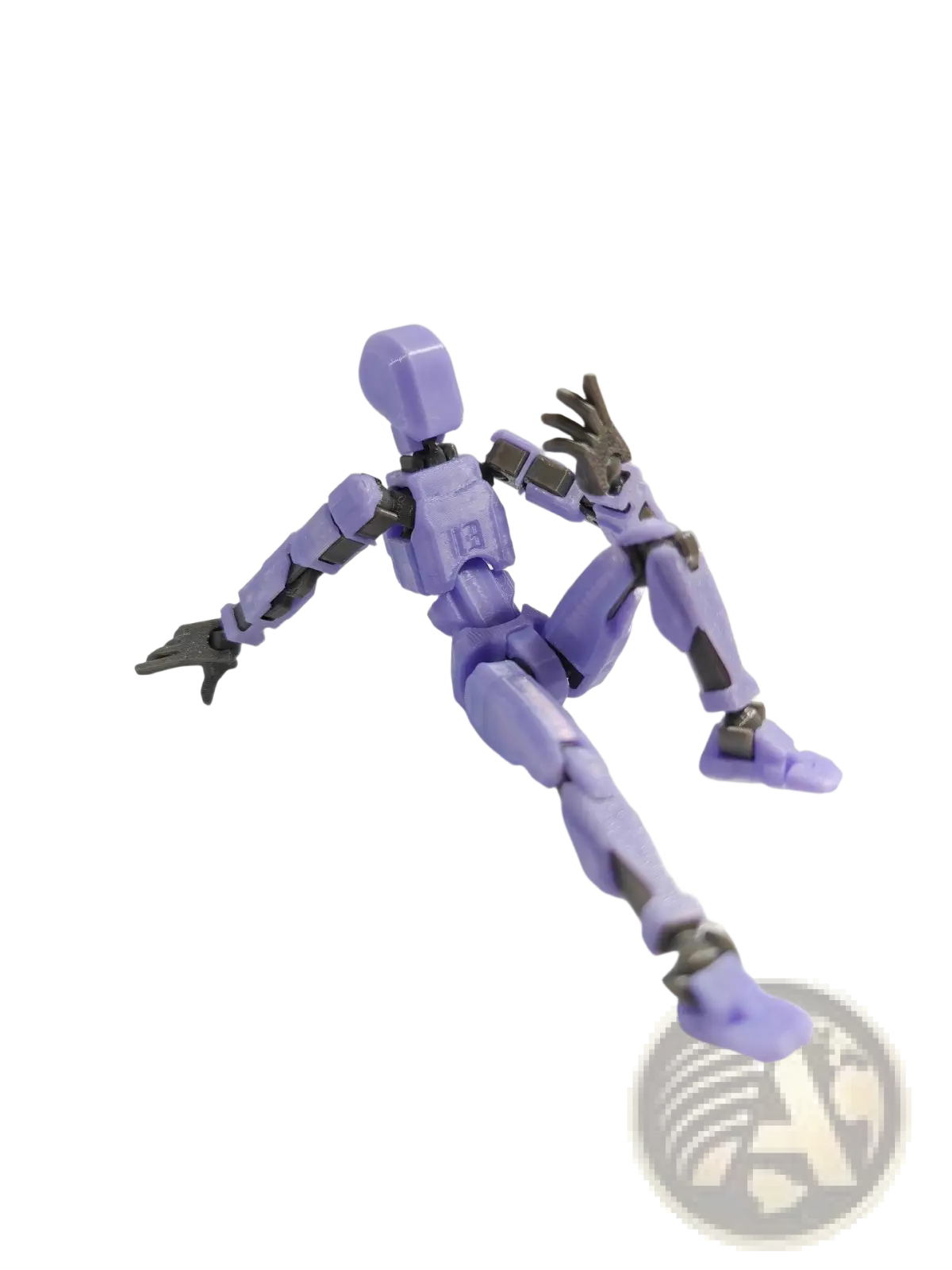 3d printed articulated robot action figure dummy 2.0 in purple and black with a sleek modular design