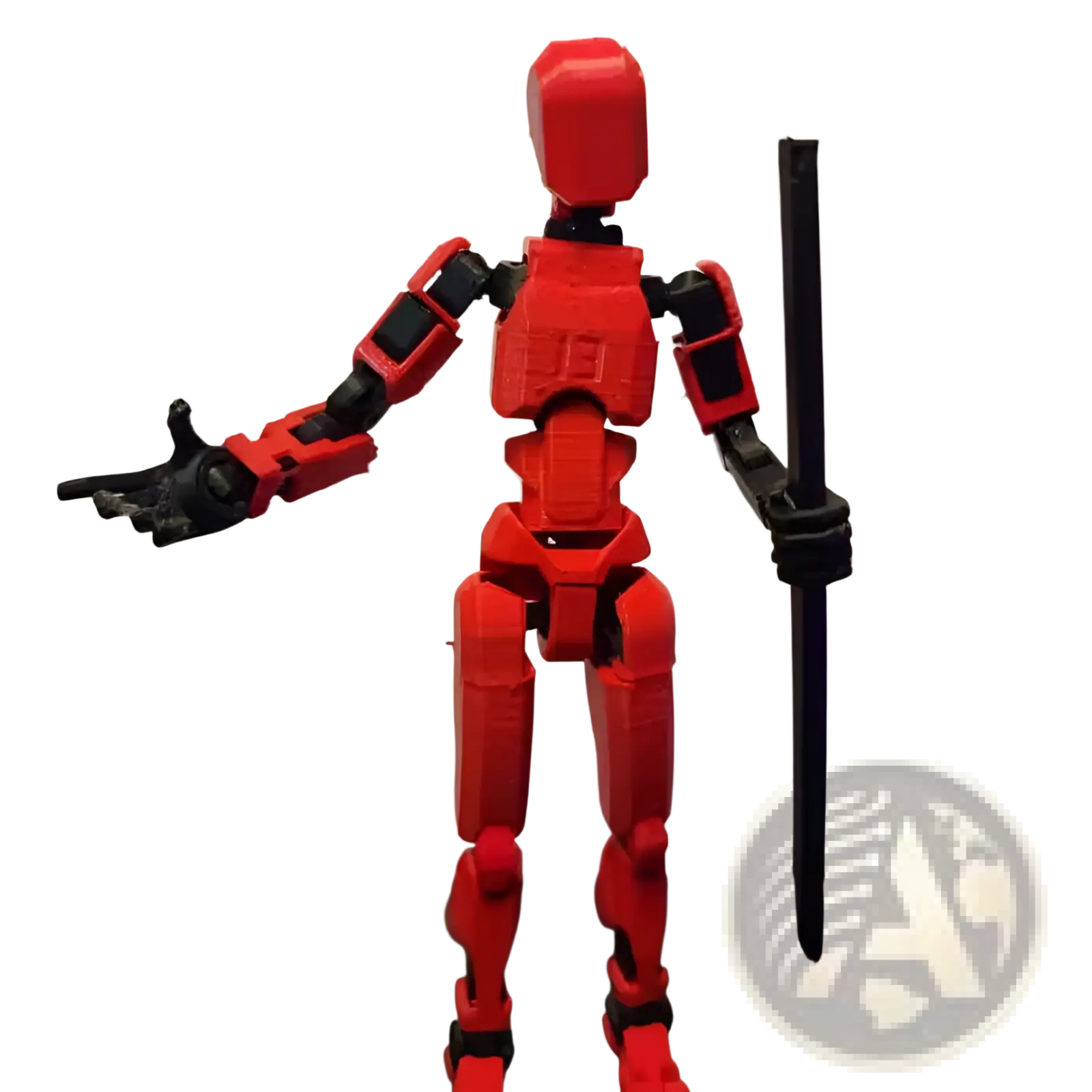 Red 3d printed articulated robot action figure dummy 2.0 with black joints and hands holding a pole