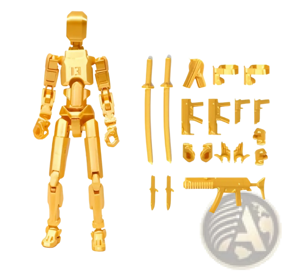 Golden metallic 3d printed articulated robot action figure dummy 2.0 with interchangeable weapons and accessories