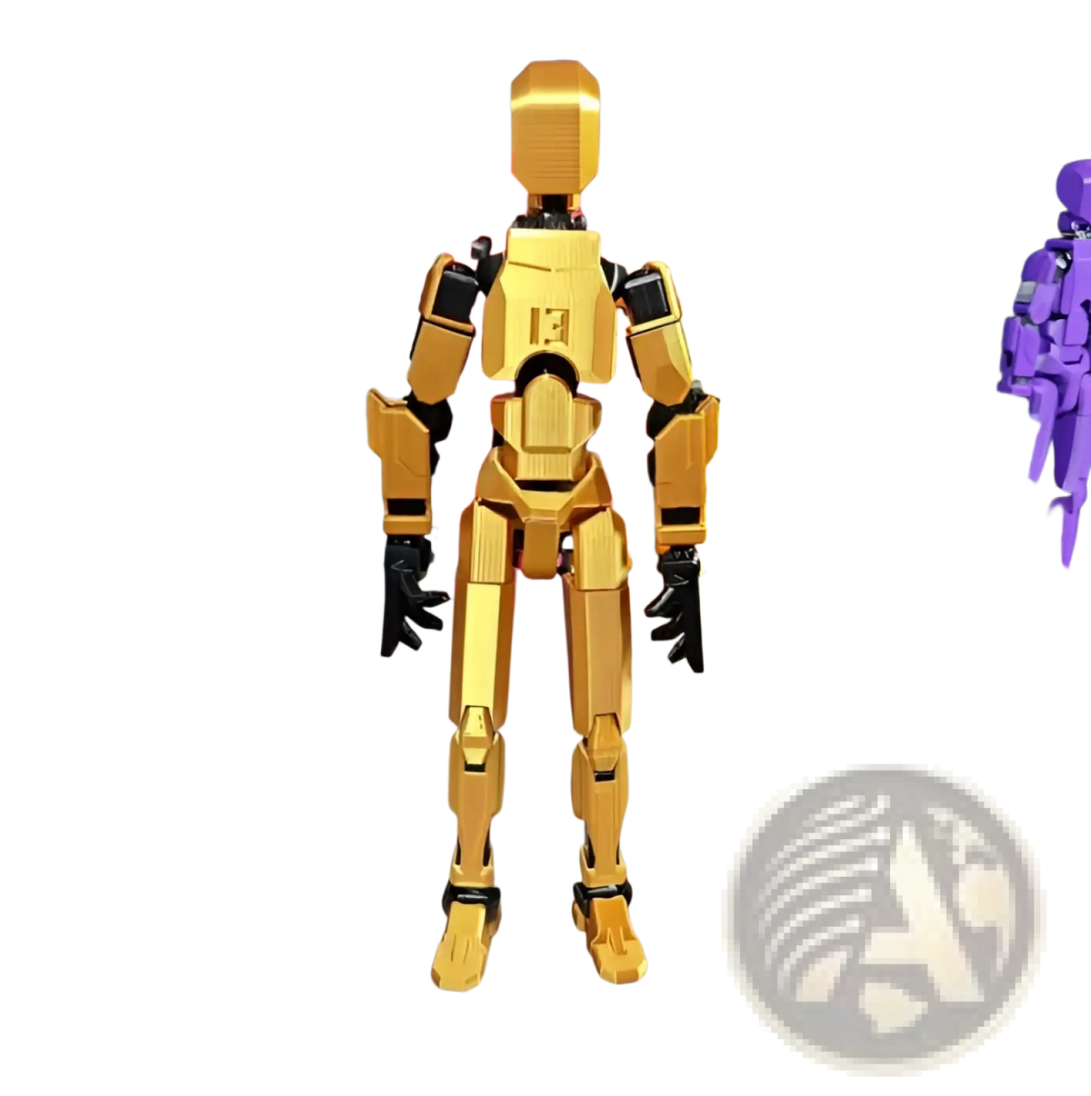 Golden metallic 3d printed articulated robot action figure dummy 2.0 with sleek angular design and black joint accents