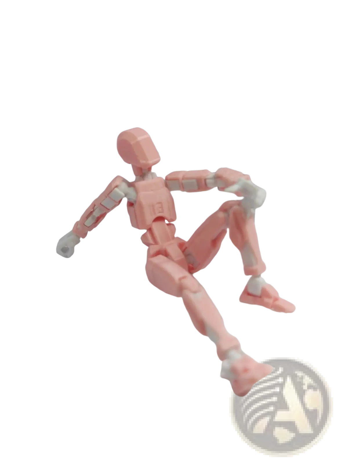 Pink 3d printed articulated plastic robot action figure dummy 2.0 sitting on white tiled surface