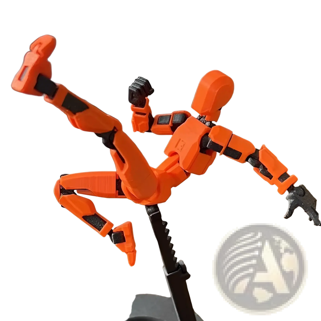 Orange 3d printed articulated robot action figure dummy 2.0 with black joints posed dynamically on a stand