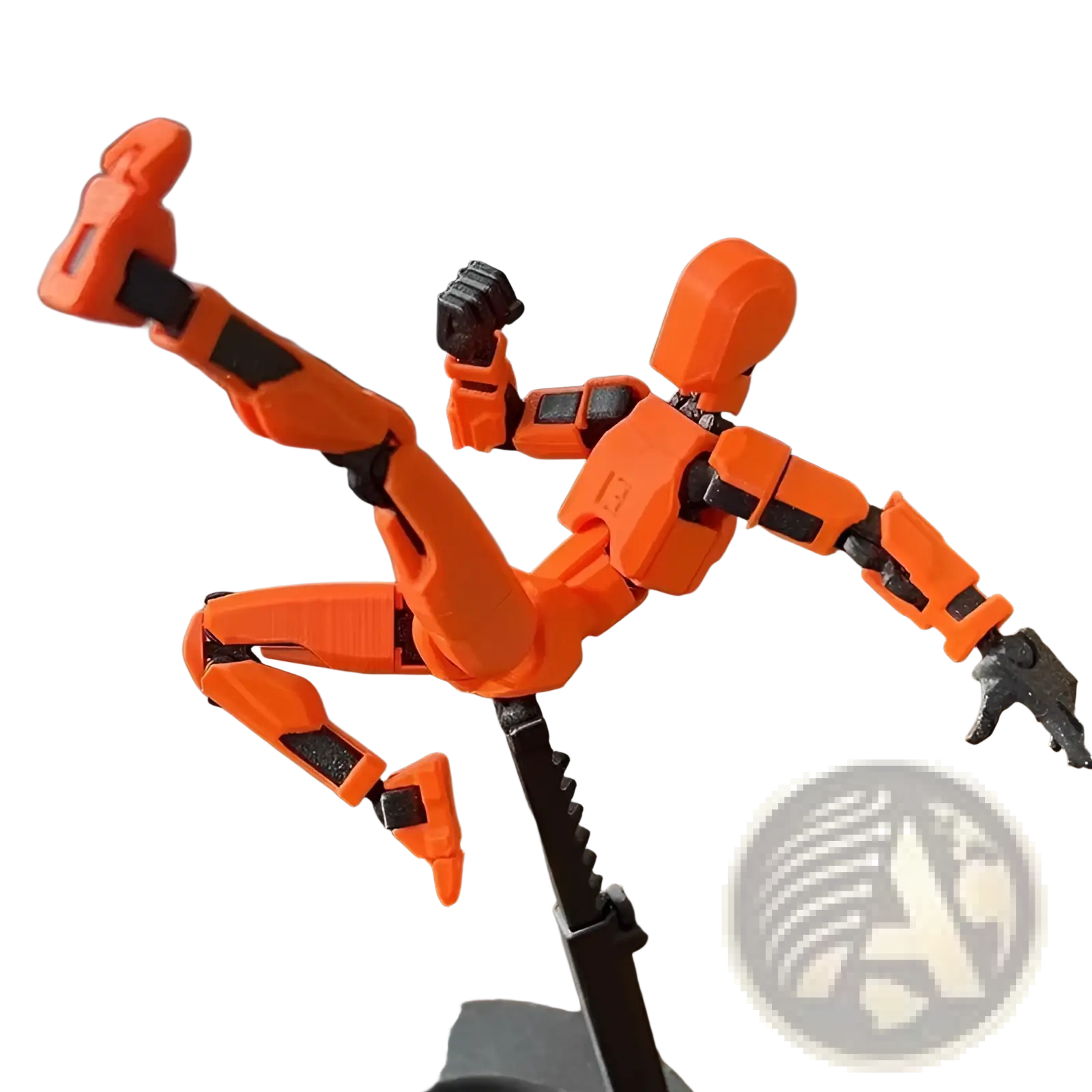 Orange 3d printed articulated robot action figure dummy 2.0 with black joints posed dynamically on a stand
