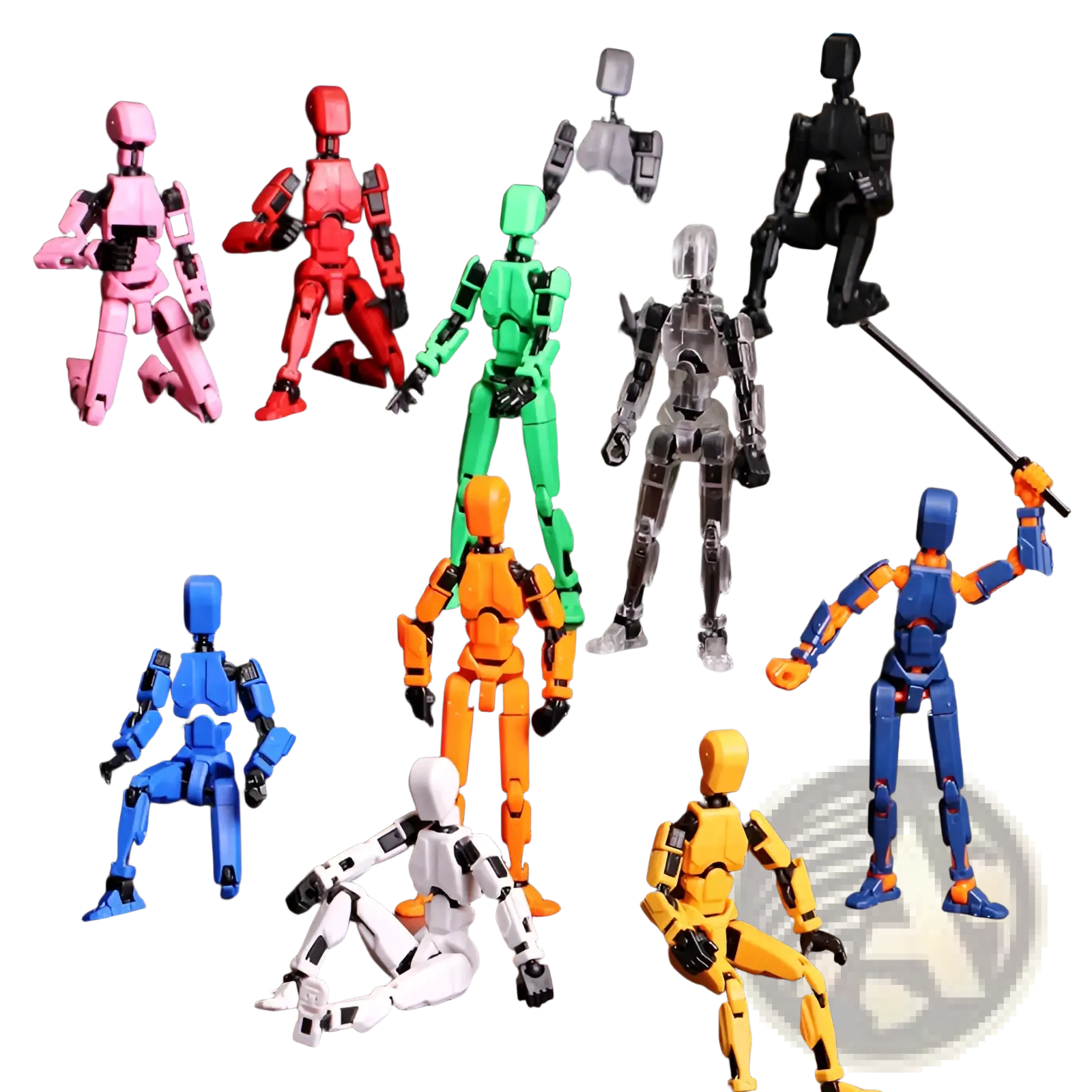 A collection of colorful 3d printed articulated robot action figure dummy 2.0 models in various dynamic poses