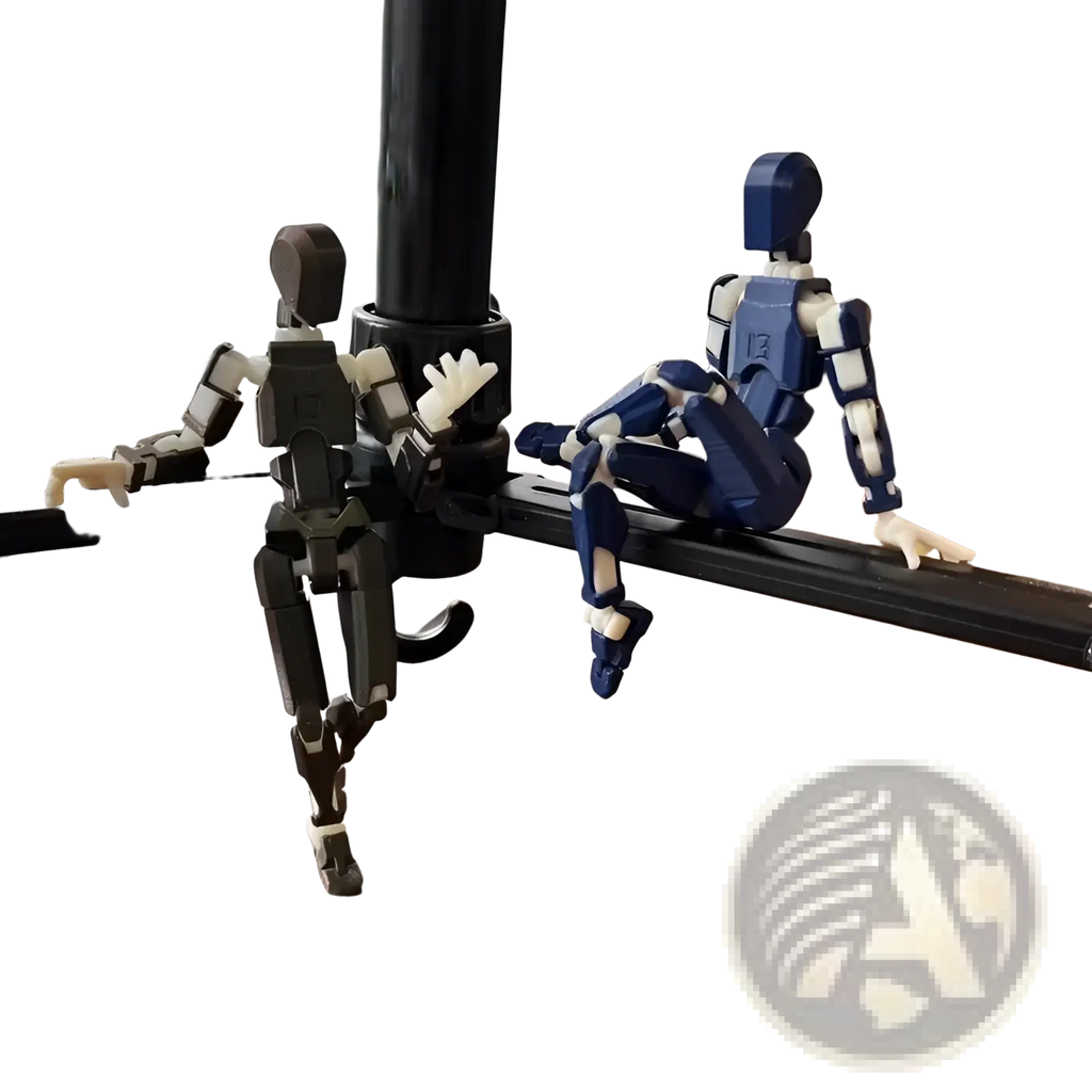 Two 3d printed articulated robot action figure dummies 2.0 in dark gray white beige and blue white posed on a tripod leg