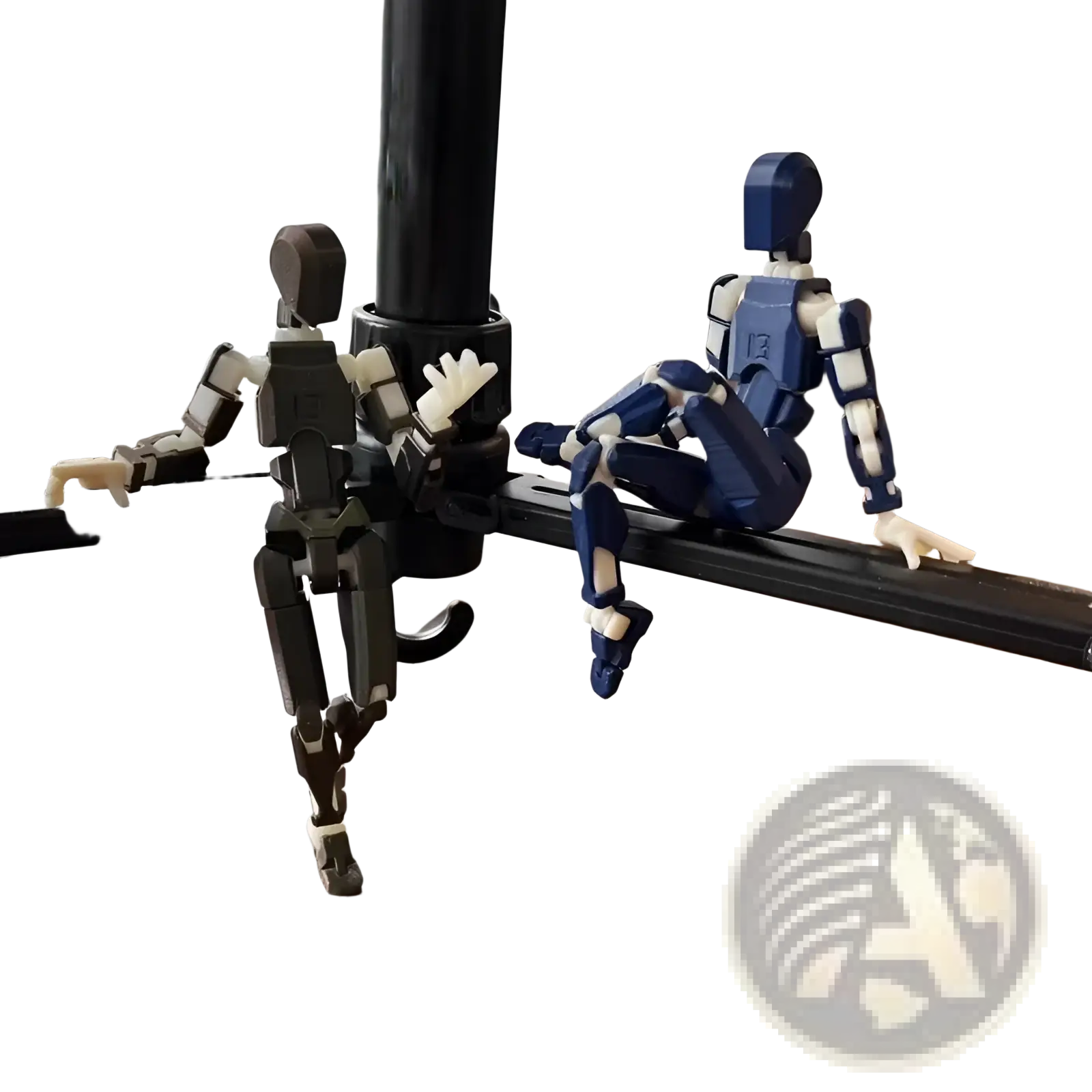 Two 3d printed articulated robot action figure dummies 2.0 in dark gray white beige and blue white posed on a tripod leg