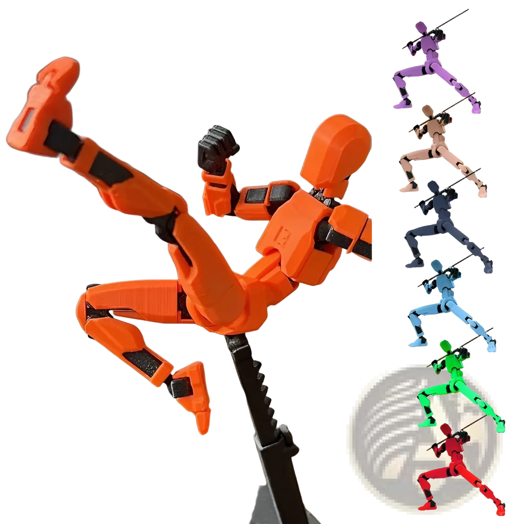 Vibrant orange 3d printed articulated robot action figure dummy 2.0 with black joints and minimalist design