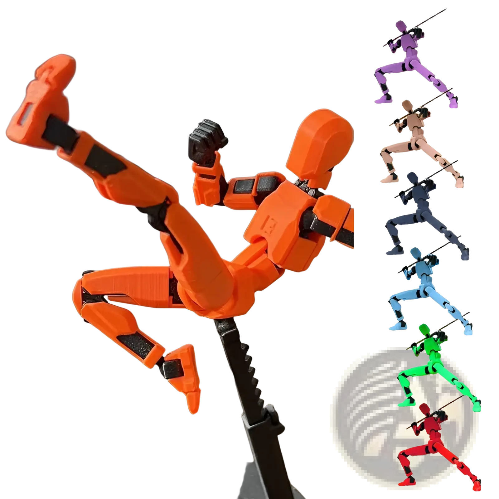 Vibrant orange 3d printed articulated robot action figure dummy 2.0 with black joints and minimalist design