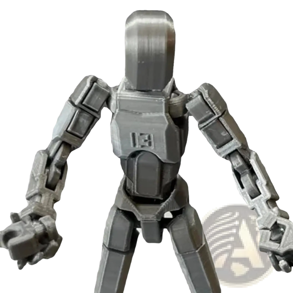 Gray metallic 3d printed articulated robot action figure dummy 2.0 with segmented limbs and numbered chest plate