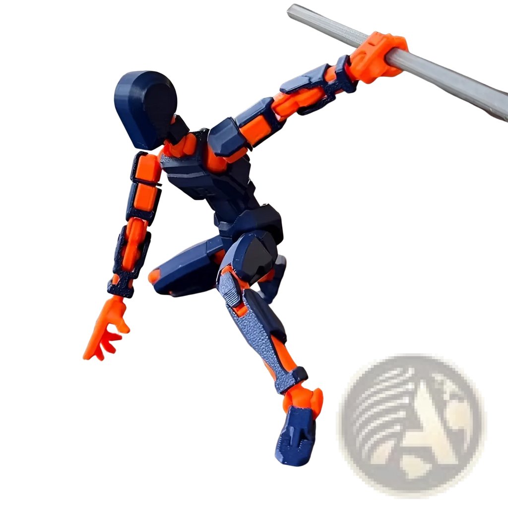A blue and orange 3d printed articulated robot action figure dummy 2.0 with sleek segmented design
