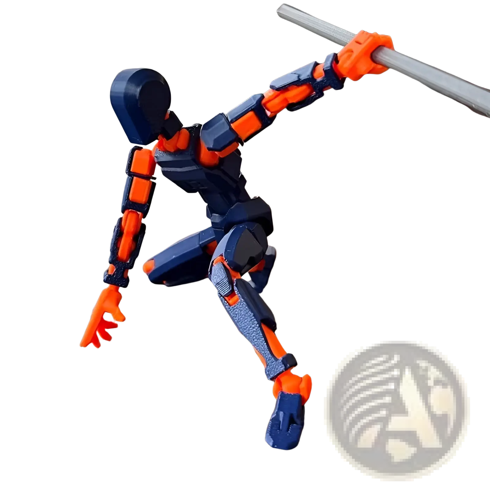 A blue and orange 3d printed articulated robot action figure dummy 2.0 with sleek segmented design