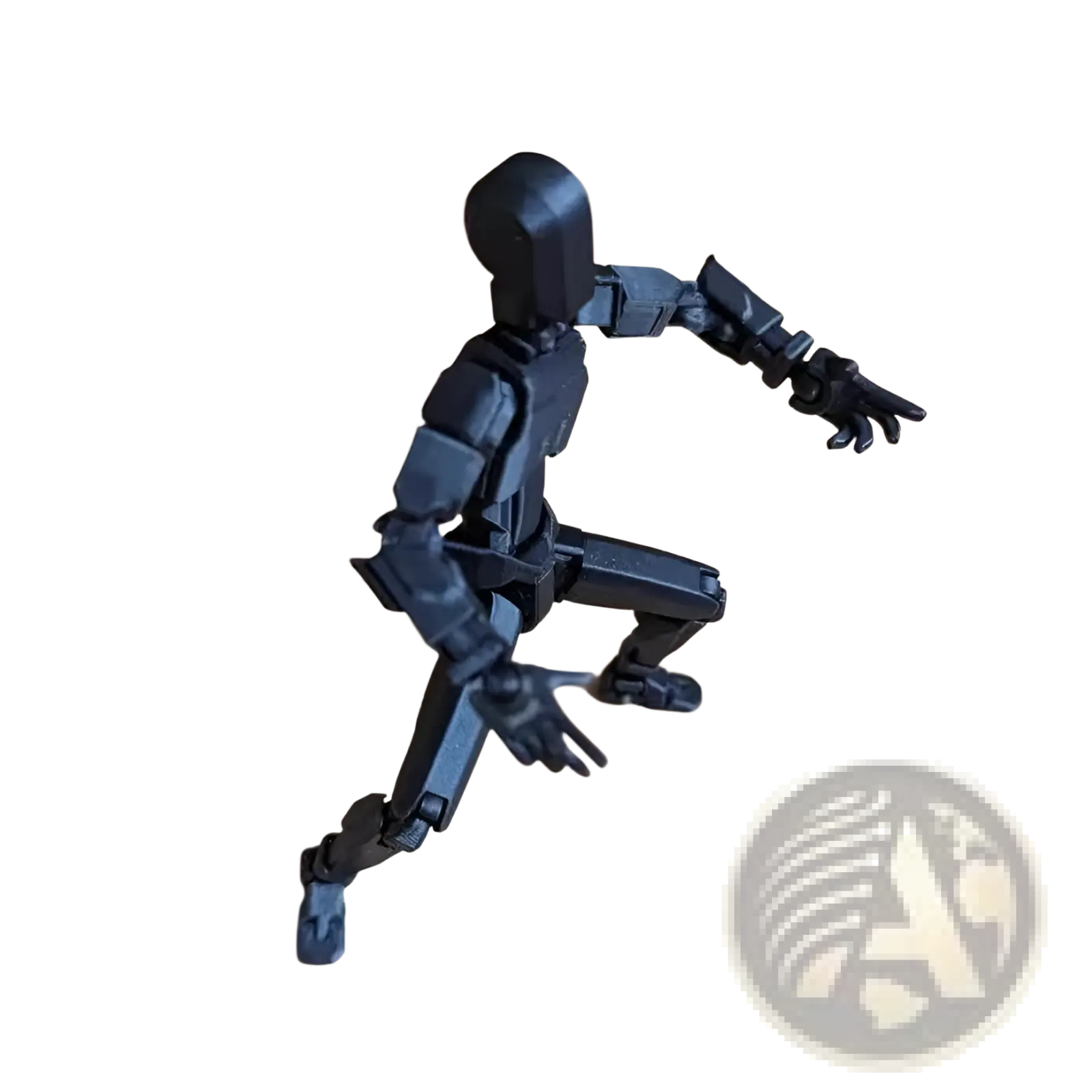 Black 3d printed articulated robot action figure dummy 2.0 with segmented limbs posed dynamically on wooden surface