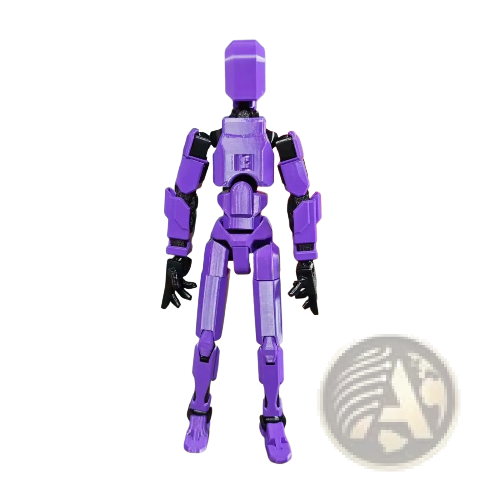 Purple 3d printed articulated robot action figure dummy 2.0 with black joints and segmented limbs