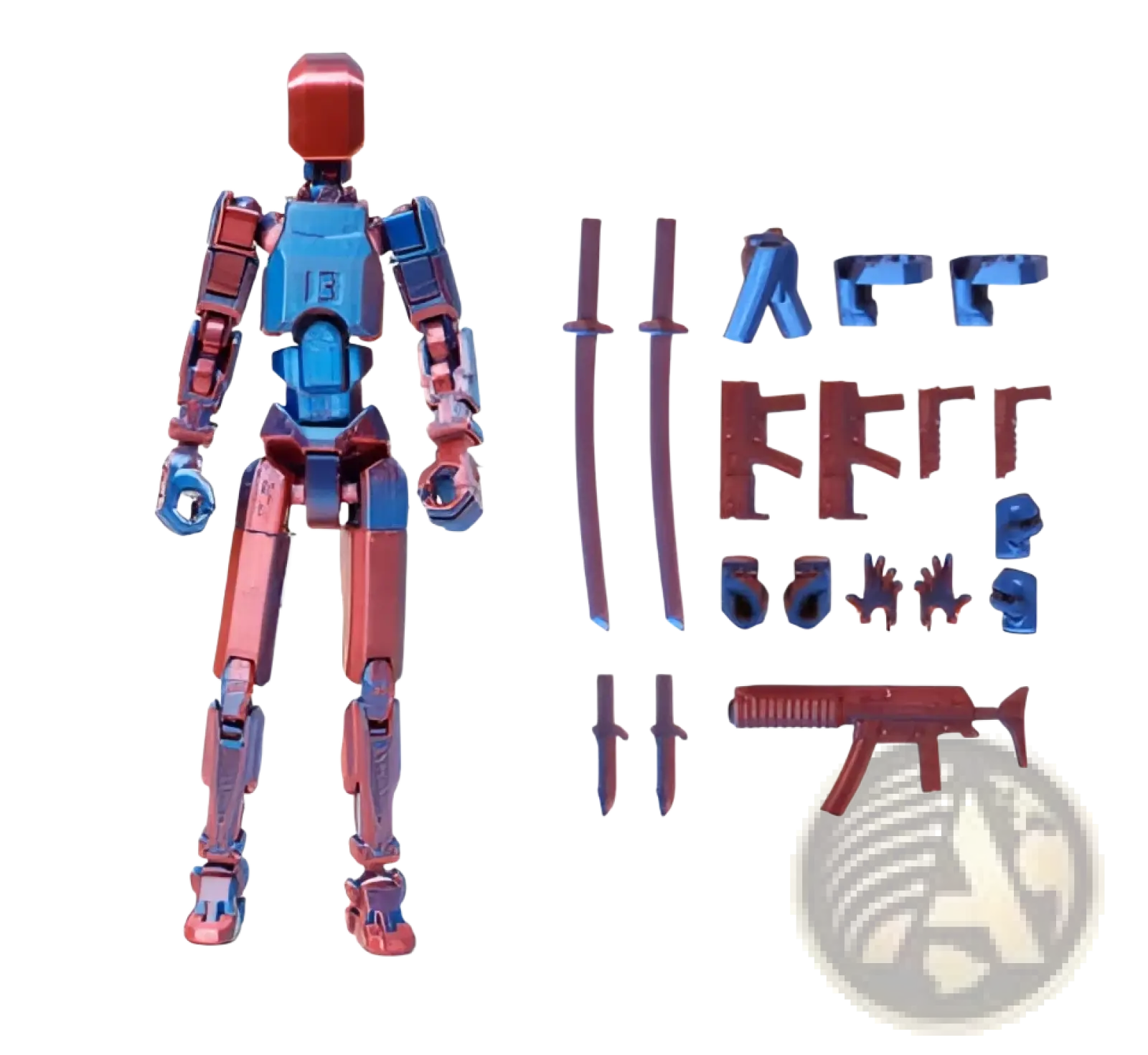 Red and blue metallic 3d printed articulated robot action figure dummy 2.0 with interchangeable parts