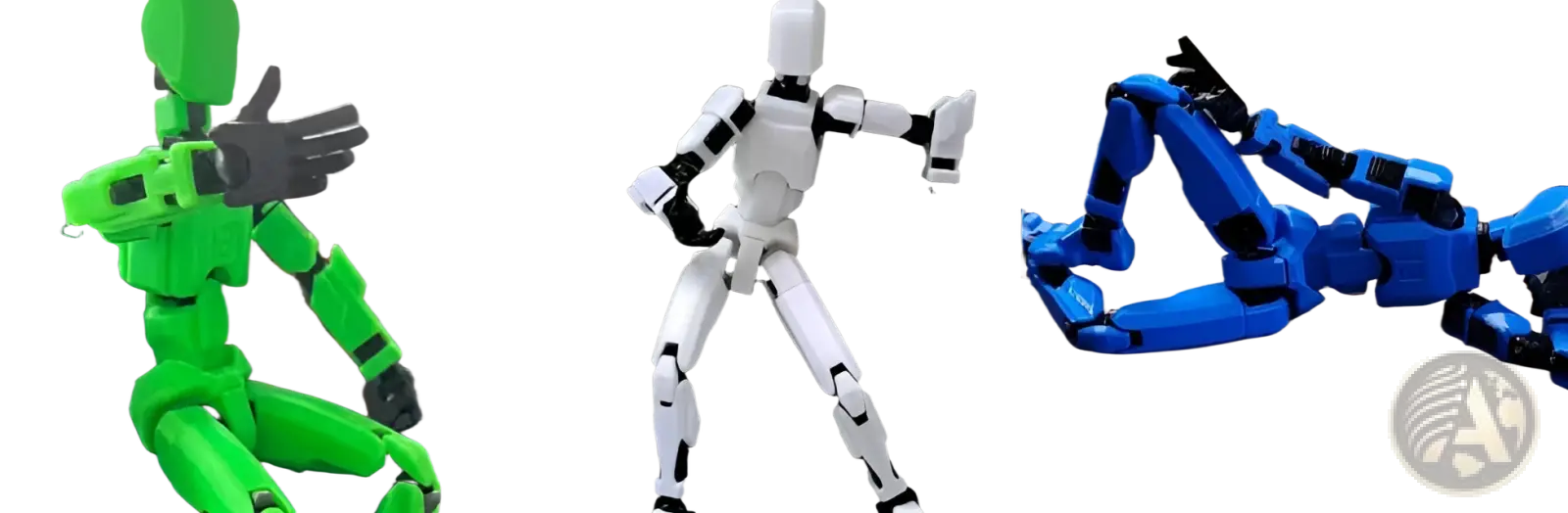3d printed articulated robot action figure dummy 2.0 featuring vibrant green, sleek white black, and dynamic blue models