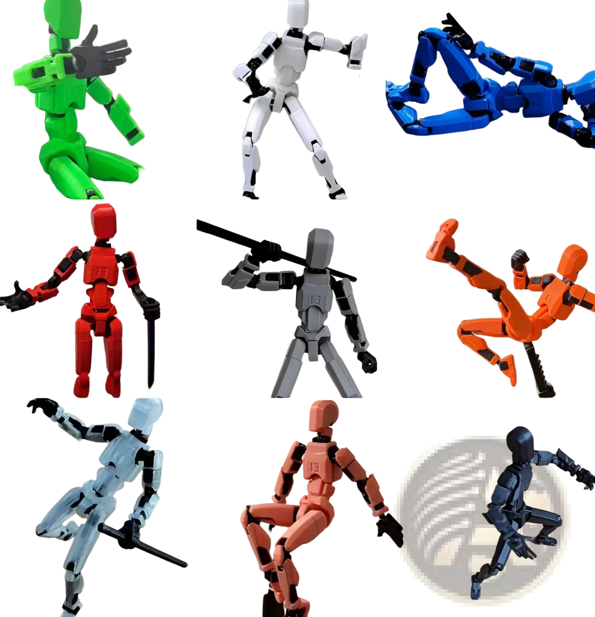 A collection of colorful 3d printed articulated robot action figure dummies 2.0 in various poses and hues