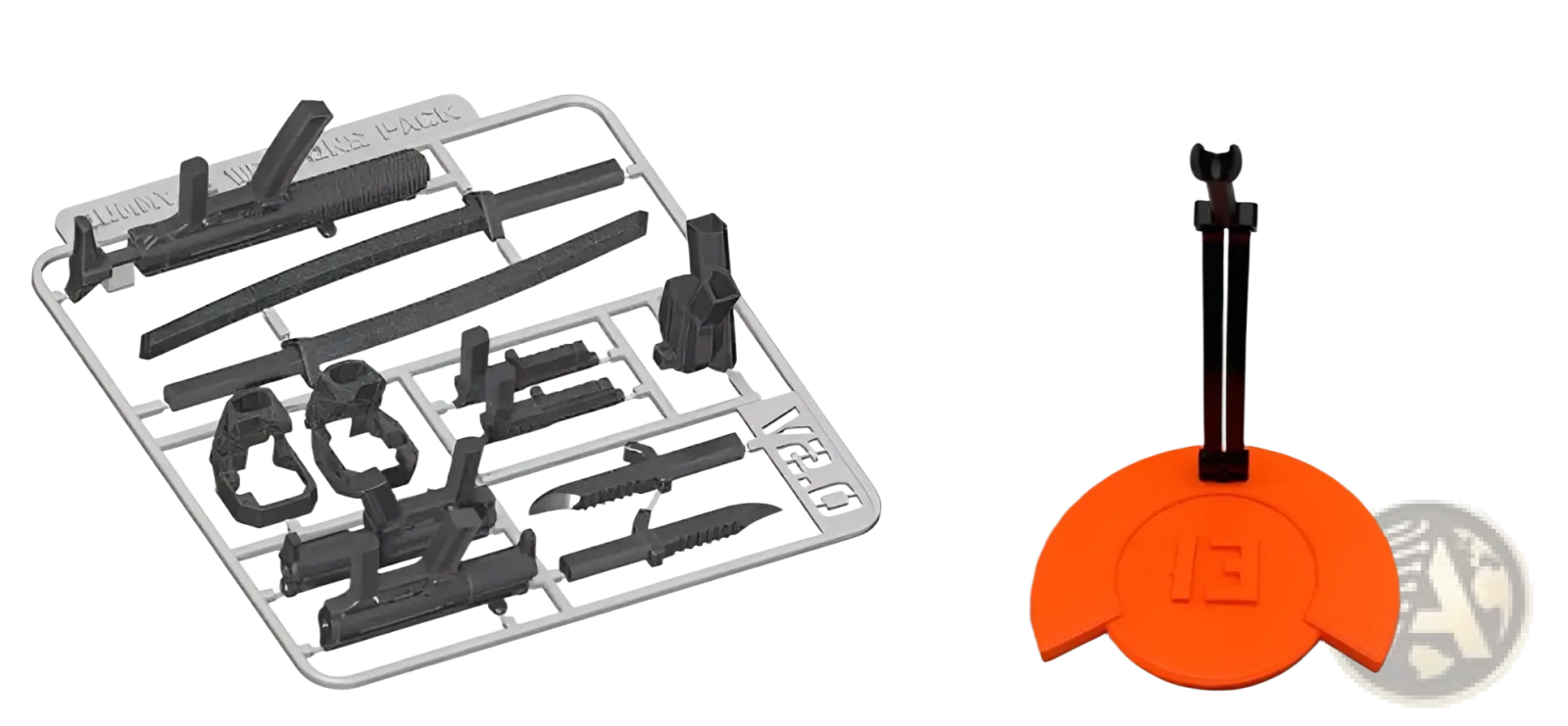 Black plastic 3d printed articulated robot action figure dummy 2.0 model kit parts on silver tray with orange base