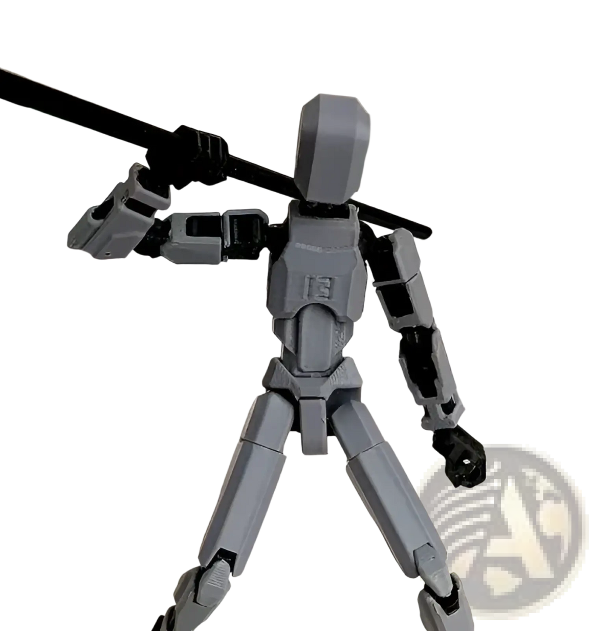 Gray 3d printed articulated robot action figure dummy 2.0 with articulated joints and black weapon on shoulder