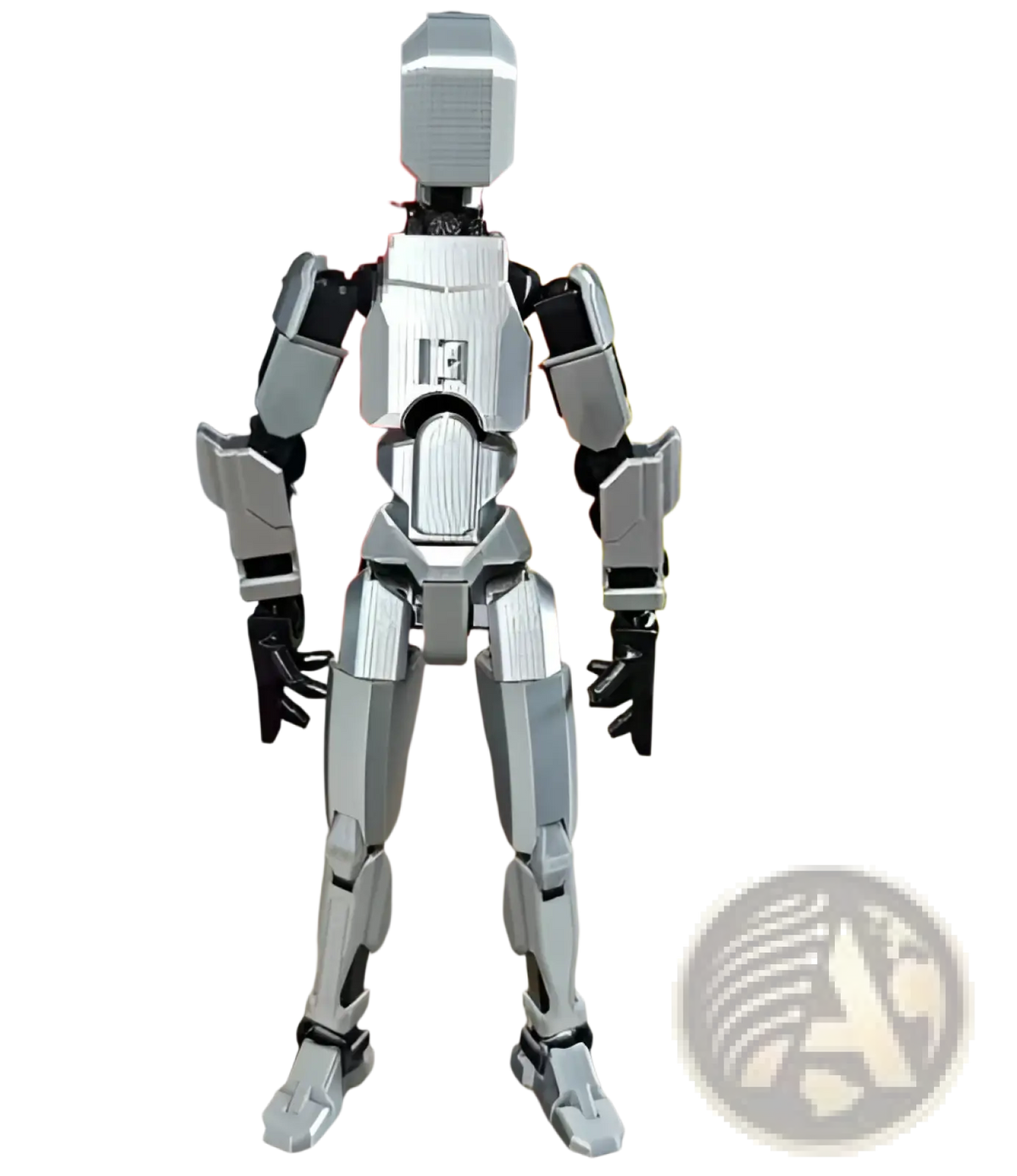 Silver metallic 3d printed articulated robot action figure dummy 2.0 with angular segmented armor and black hands
