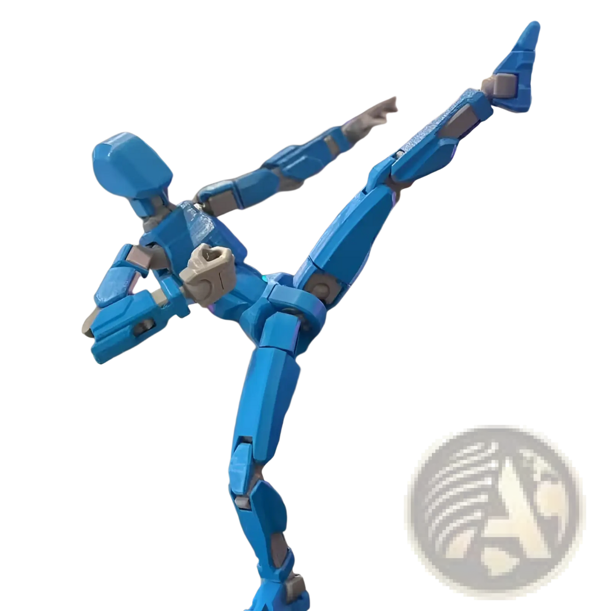 Blue and gray 3d printed articulated robot action figure dummy 2.0 posed dynamically in martial arts stance