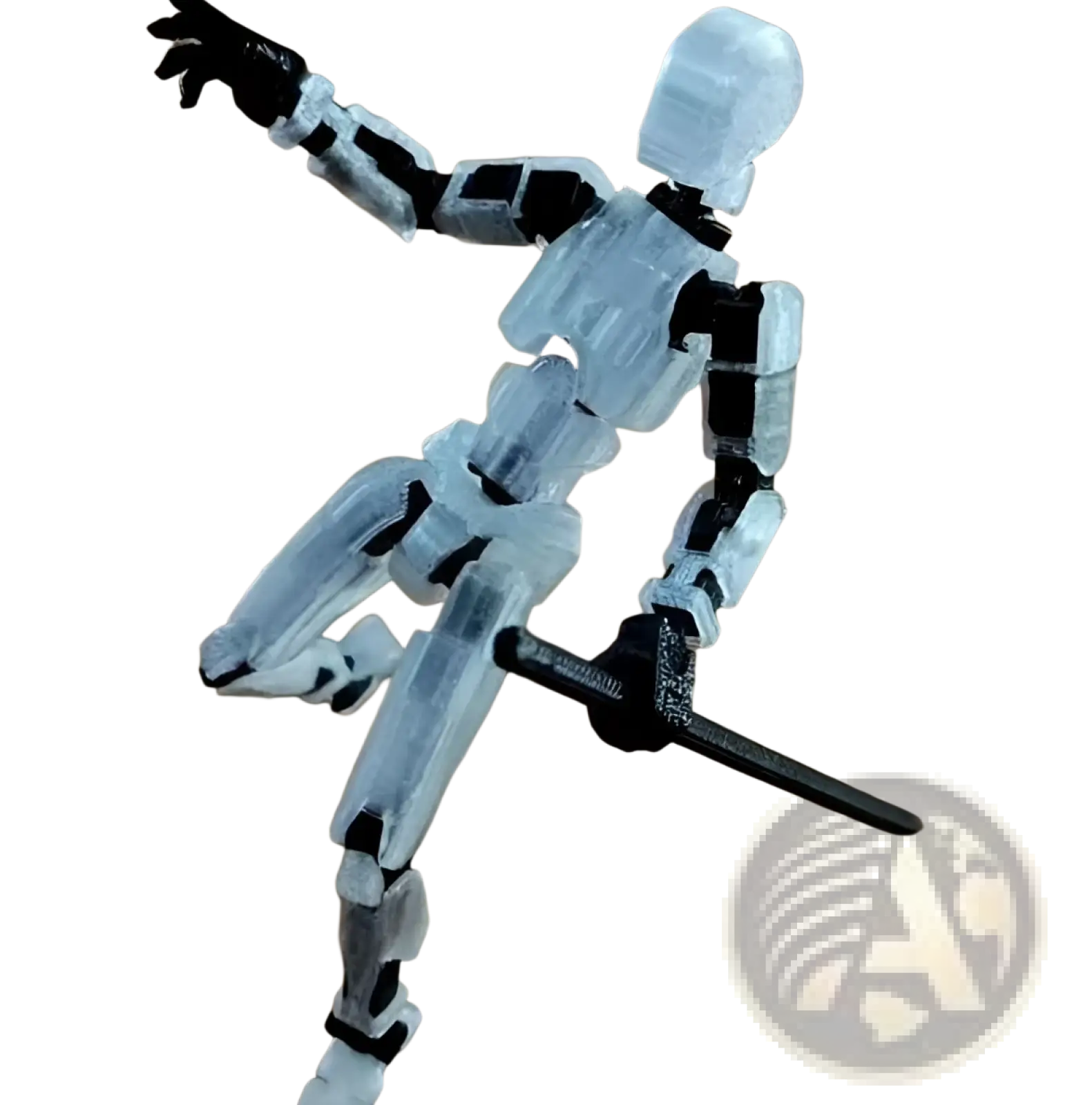 Transparent plastic 3d printed articulated robot action figure dummy 2.0 with black joints and sword on wooden surface