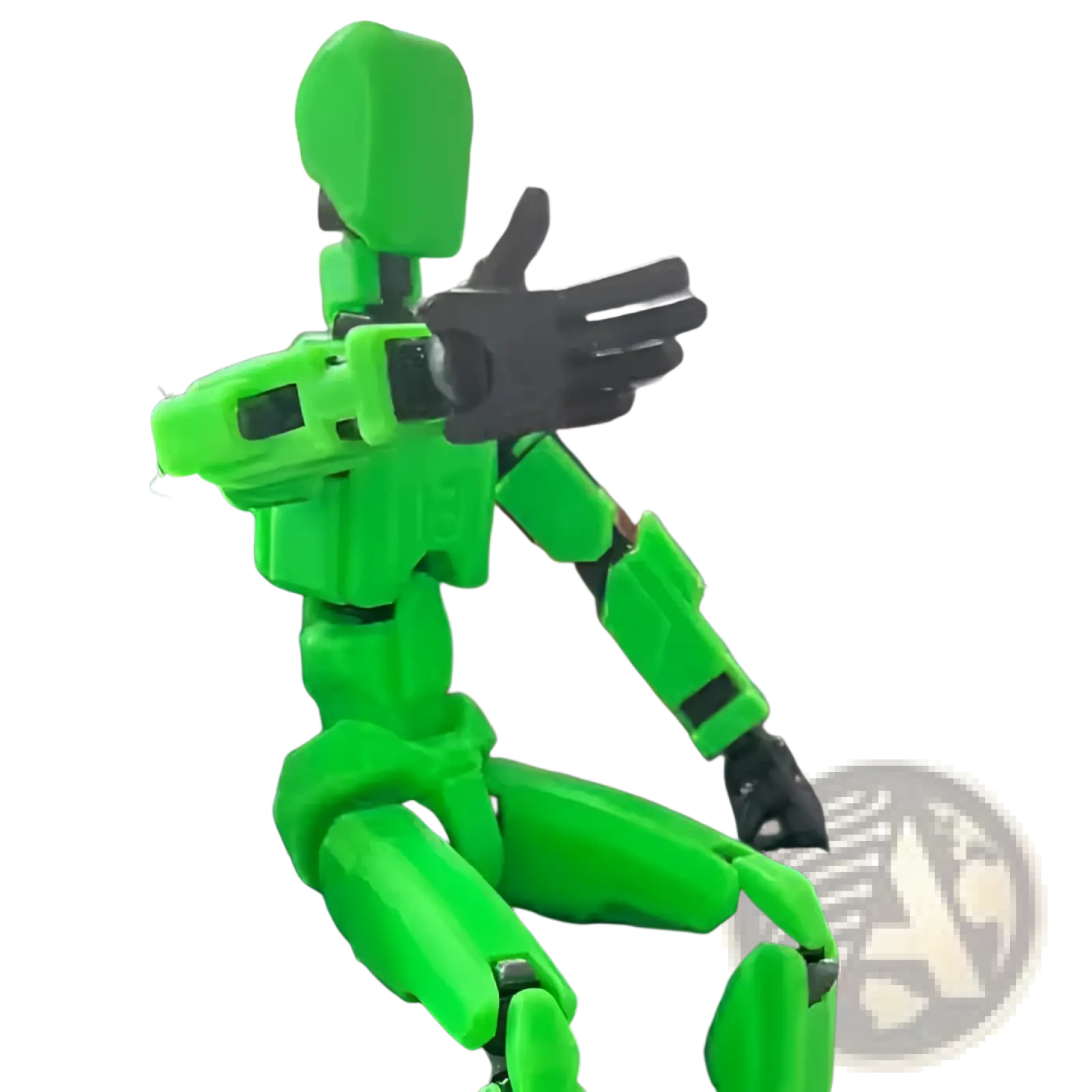 Green 3d printed articulated robot action figure dummy 2.0 with black hands and joints in humanoid form