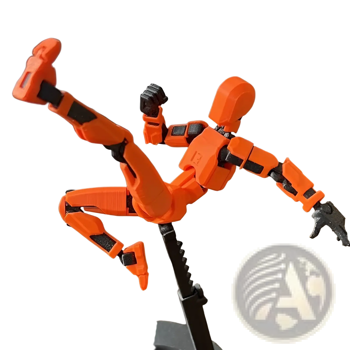 Orange 3d printed articulated robot action figure dummy 2.0 with black joints in a dynamic mid-air pose