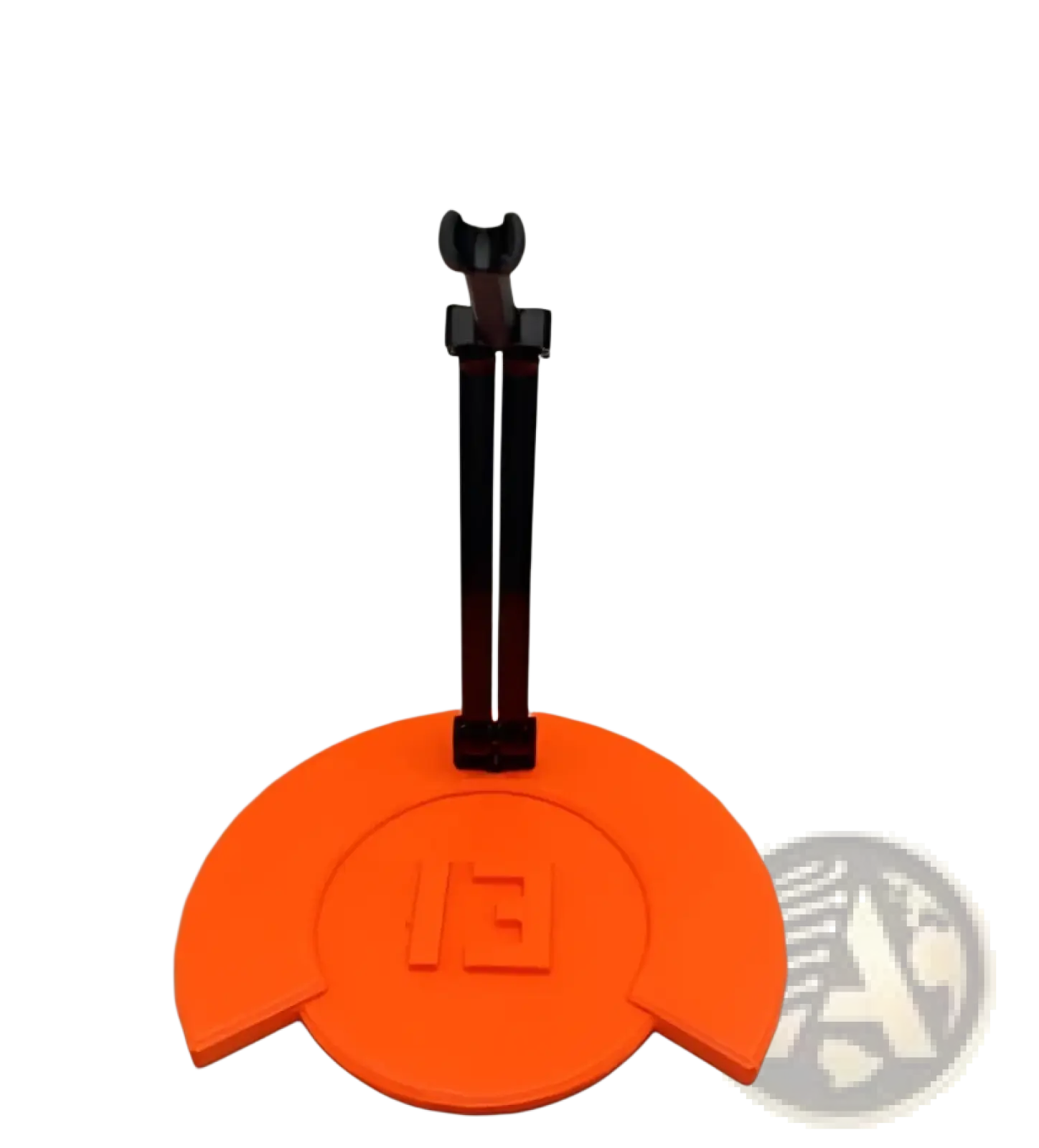 Bright orange circular base with black stand embossed with e3 logo for 3d printed articulated robot action figure dummy 2.0