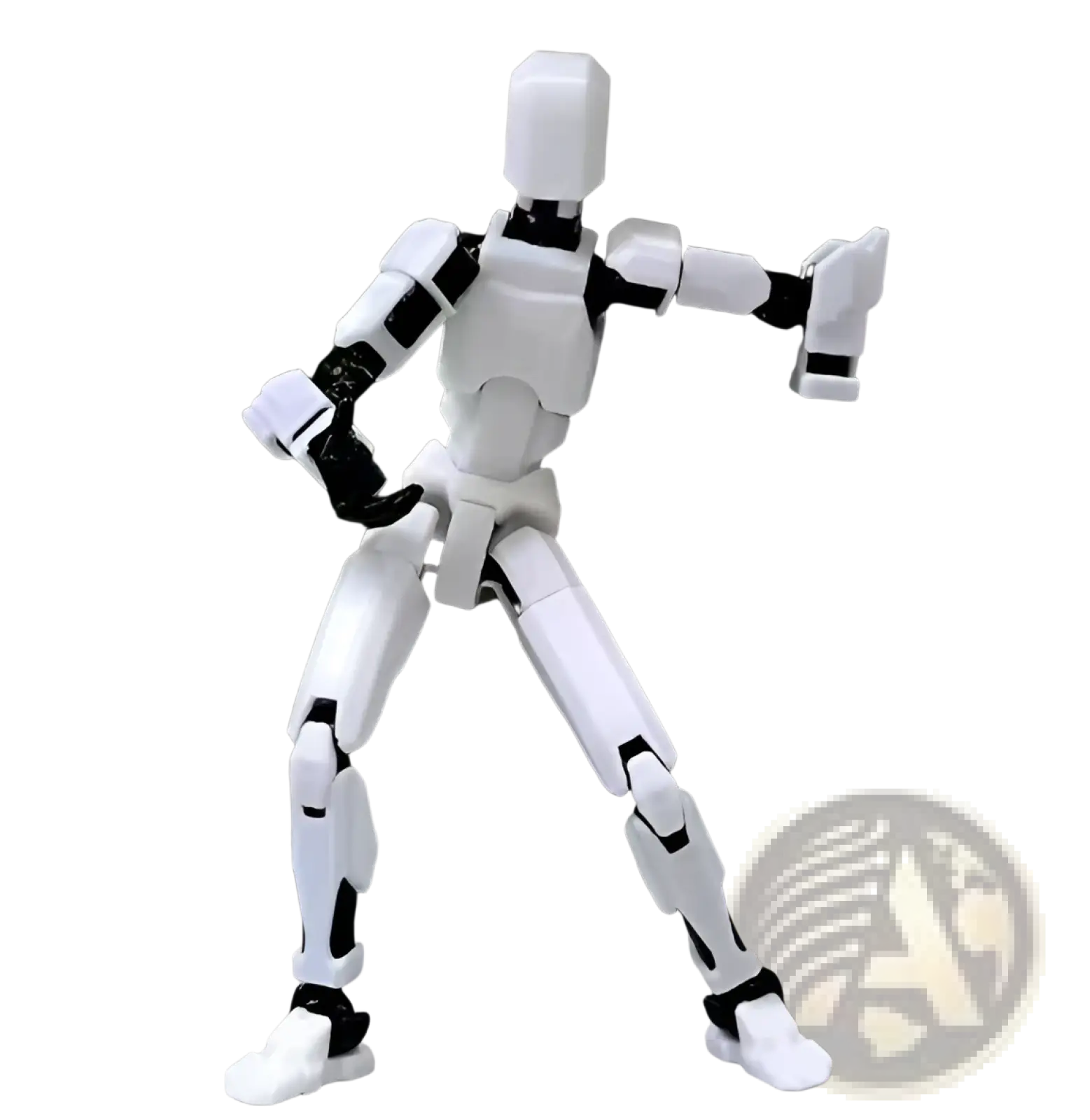 White and black 3d printed articulated robot action figure dummy 2.0 with sleek minimalist design and flexible joints